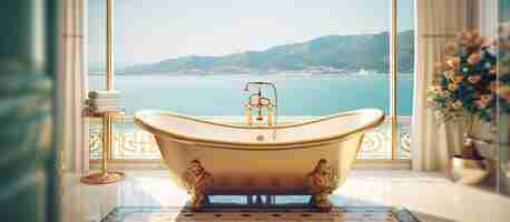 Free PSD bathtub with gold vase and towel on sea view generative ai