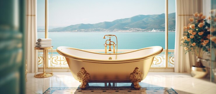 Free PSD bathtub with gold vase and towel on sea view generative ai