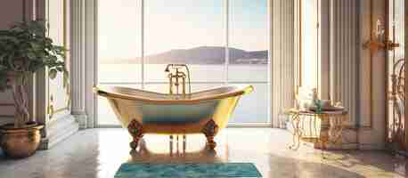 Free PSD bathtub with gold vase and towel on sea view generative ai