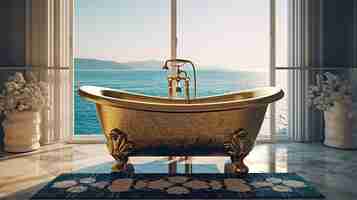 Free PSD bathtub with gold vase and towel on sea view generative ai