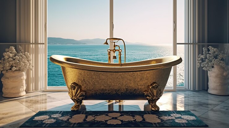 Free PSD bathtub with gold vase and towel on sea view generative ai