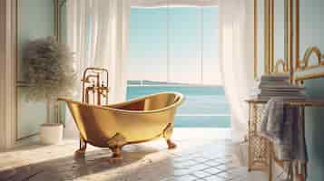 Free PSD bathtub with gold vase and towel on sea view generative ai