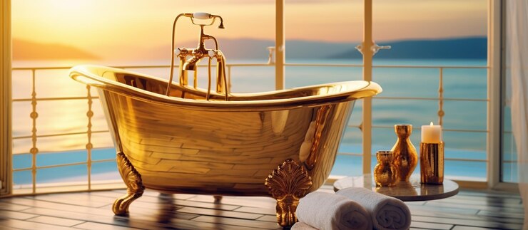 Free PSD bathtub with gold vase and towel on sea view generative ai