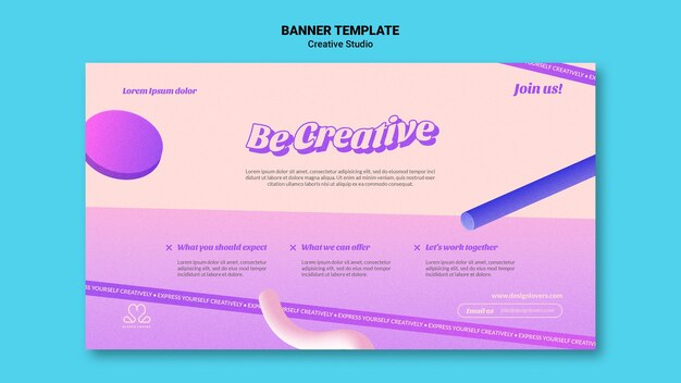 Be creative design studio horizontal banner template with 3d shapes