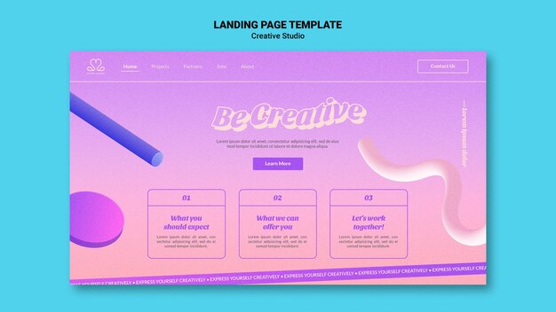 3D形状のクリエイティブなデザインスタジオのランディングページテンプレートになります