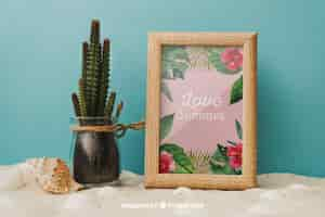 Free PSD beach concept with cactus and frame