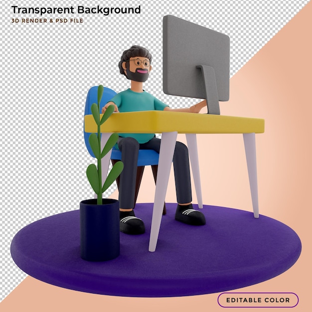 Free PSD bearded guy sitting in front of laptop, man work on computer. freelancer, 3d render, 3d illustration