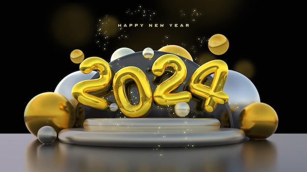 無料PSD 美しく現実的な新年あけましておめでとうございます 2024 3d要素のバナーテンプレート