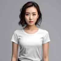 Free PSD beautiful asian woman in white t shirt isolated on grey background