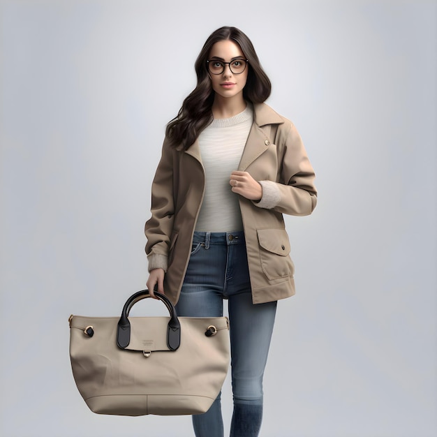 Free PSD beautiful brunette woman wearing casual clothes and holding handbag on grey background