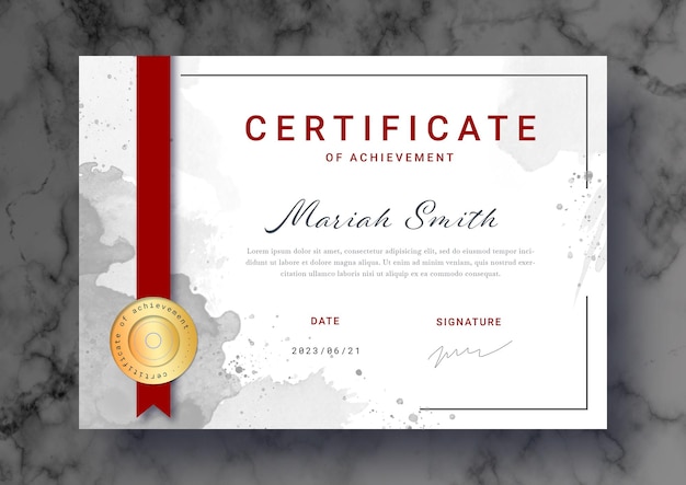 Free PSD beautiful certificate template with watercolor splashes