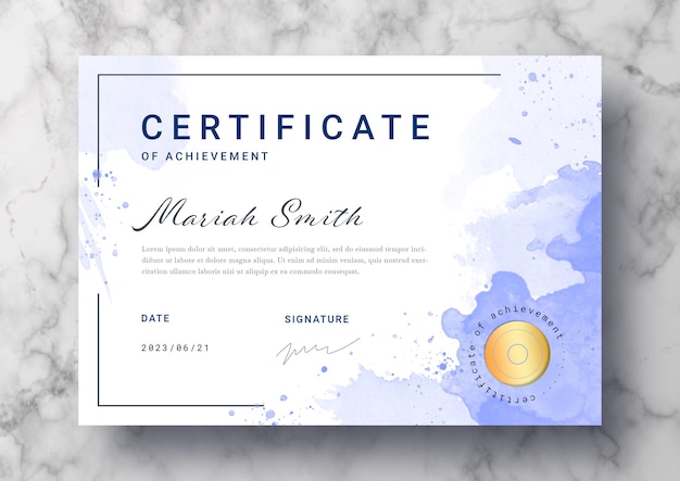 Free PSD beautiful certificate template with watercolor splashes