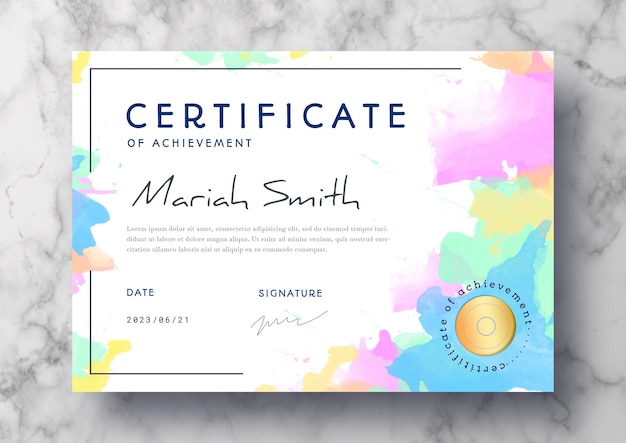 Beautiful certificate template with watercolor splashes