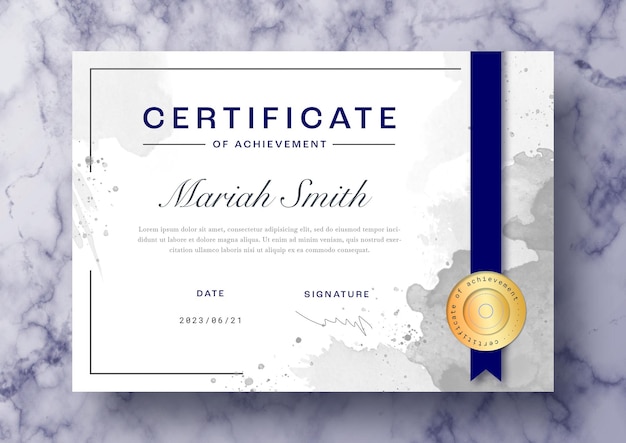 Free PSD beautiful certificate template with watercolor splashes