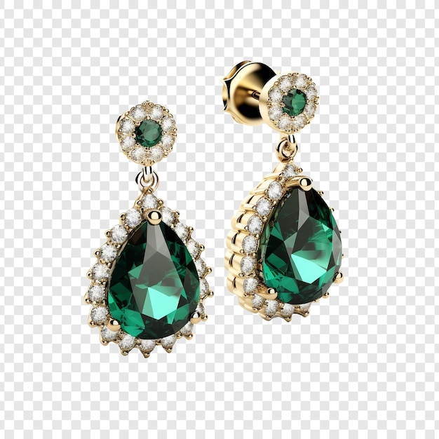 Beautiful earring with green gem stone isolated on transparent background