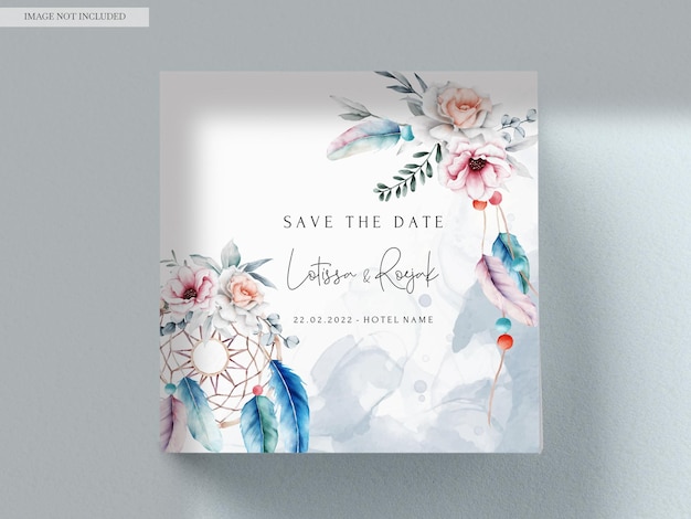 Free PSD beautiful flower and dreamcatcher invitation card template