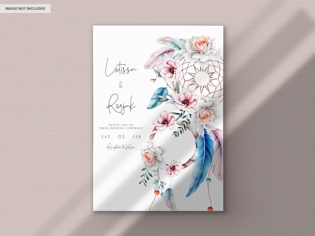 Free PSD beautiful flower and dreamcatcher invitation card template