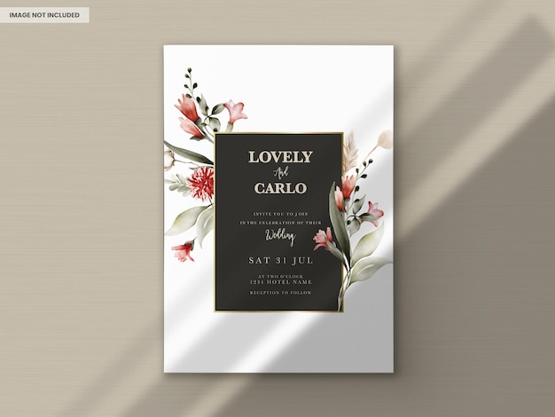 Free PSD beautiful flower and leaves watercolor wedding invitation card with boho color