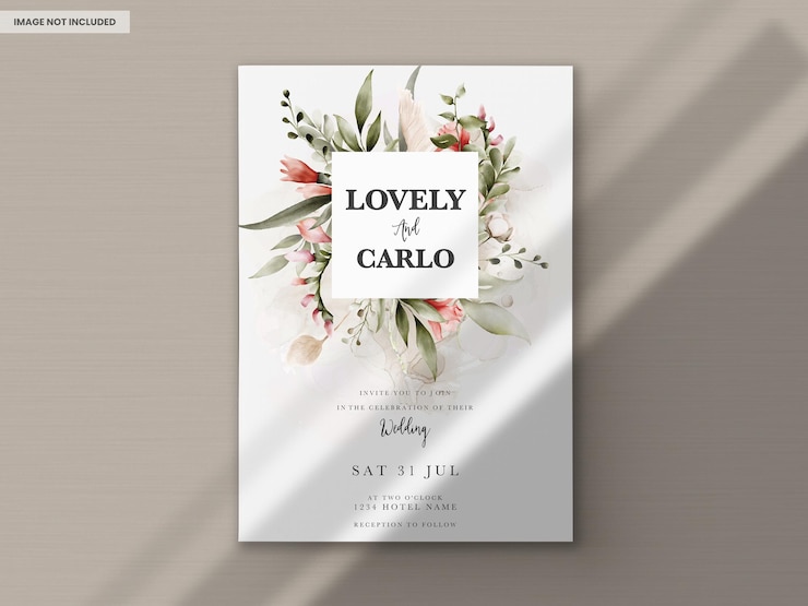 Free PSD beautiful flower and leaves watercolor wedding invitation card with boho color