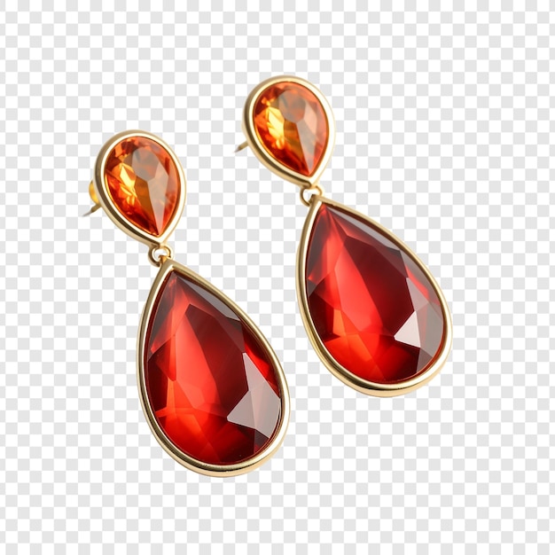 Beautiful golden and red earrings isolated on transparent background