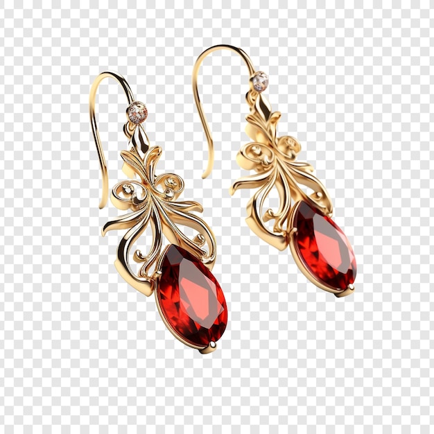 Beautiful golden and red earrings isolated on transparent background