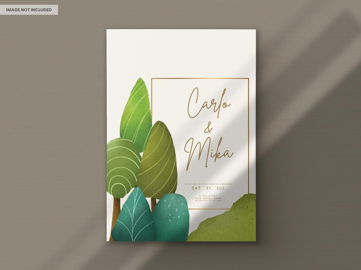Free PSD beautiful hand drawn greenery scenery and tree invitation card template