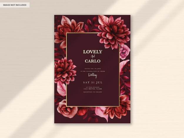 Free PSD beautiful maroon flower and leaves wedding invitation template
