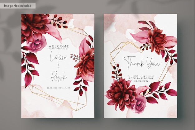 Beautiful maroon flower and leaves wedding invitation template