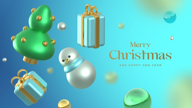 Free PSD beautiful merry christmas banner template with 3d realistic elements