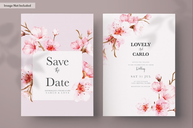 beautiful pink cherry blossom floral watercolor invitation card