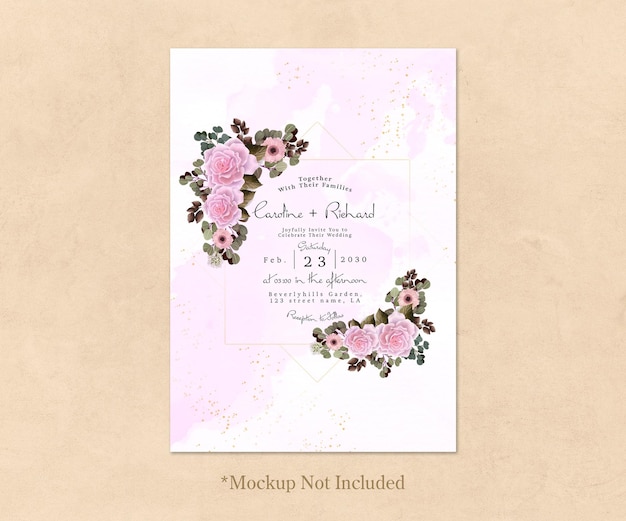 無料PSD 美しいピンクの花の結婚式の招待状