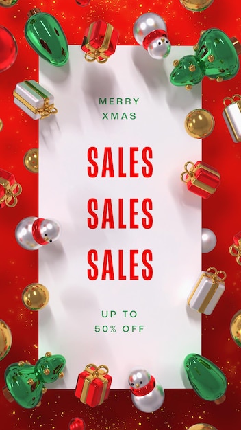 Free PSD beautiful and realistic christmas sales banner template with 3d elements and copy space