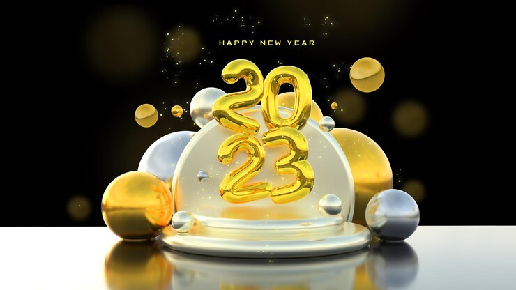 Free PSD beautiful and realistic happy new year 2023 podium banner template with golden 3d elements