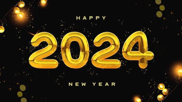 Free PSD beautiful and realistic happy new year 2024 banner template with 3d elements