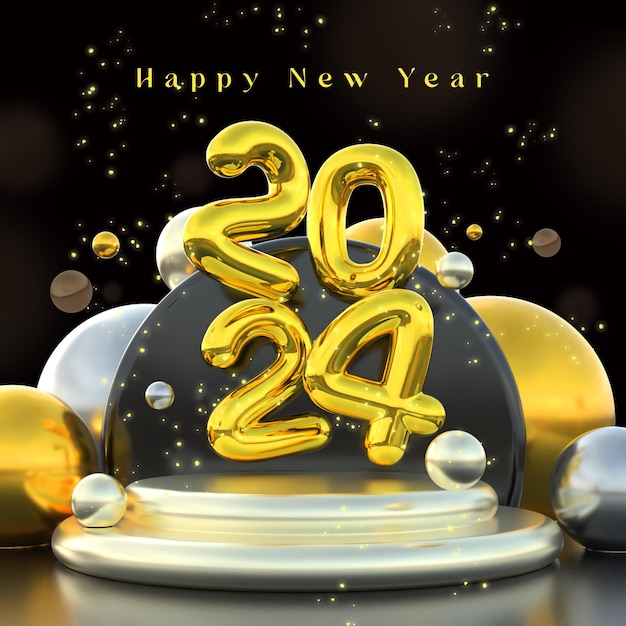 PSD gratuito bellissimo e realistico modello di banner di happy new year 2024 con elementi 3d