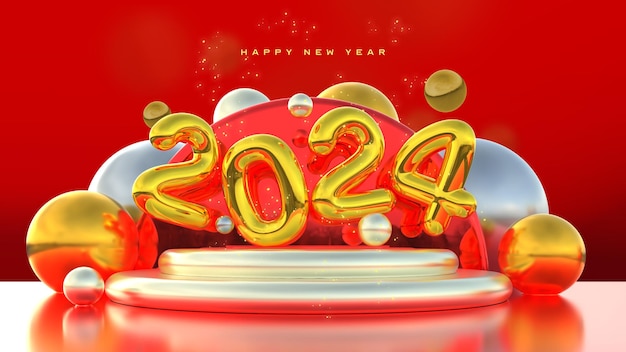 PSD gratuito bellissimo e realistico modello di banner di happy new year 2024 con elementi 3d