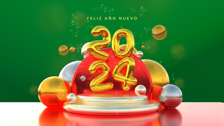 मुफ़्त PSD beautiful and realistic happy new year 2024 banner template with 3d elements