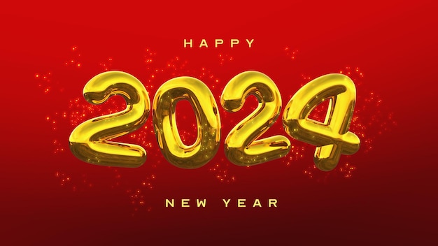 Bellissimo e realistico modello di banner di happy new year 2024 con elementi 3d