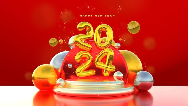 Free PSD beautiful and realistic happy new year 2024 banner template with 3d elements