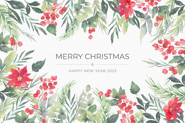 Beautiful Watercolor Christmas Background with leaves and flowers