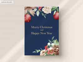 無料PSD 美しい水彩花のクリスマス カード テンプレート