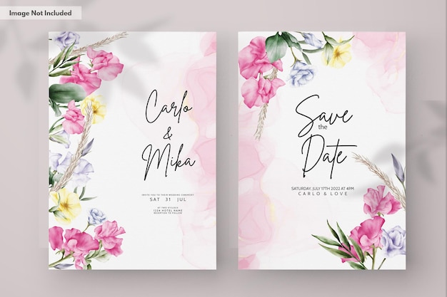 beautiful watercolor flower and leaves wedding invitation card