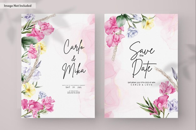beautiful watercolor flower and leaves wedding invitation card