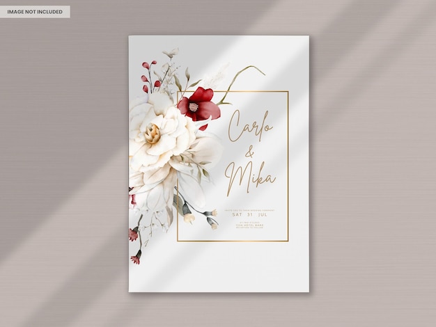 PSD gratuito bellissimo biglietto d'invito per matrimonio ad acquerello con elegante fiore e fogliame bohémien