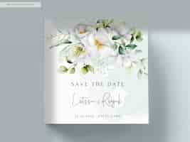 Free PSD beautiful watercolor wedding invitation card with greenery leaves and white flower