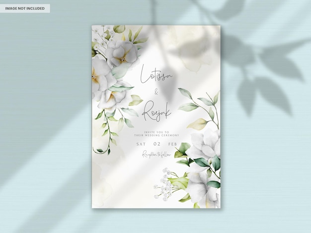 Beautiful watercolor wedding invitation card with greenery leaves and white flower