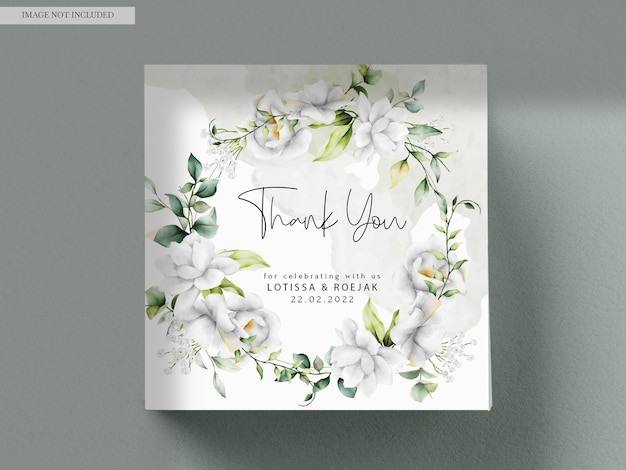 Free PSD beautiful watercolor wedding invitation card with greenery leaves and white flower