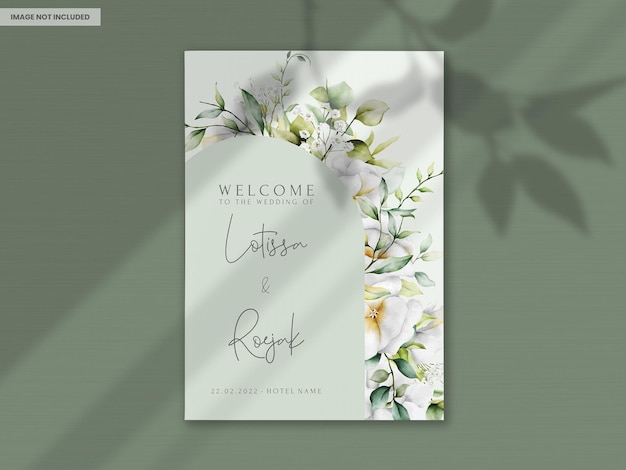 Beautiful watercolor wedding invitation card with greenery leaves and white flower