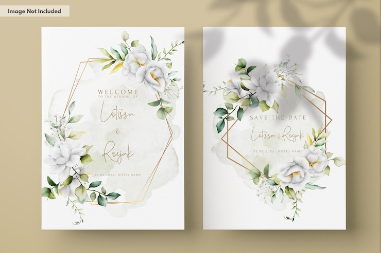 Free PSD beautiful watercolor wedding invitation with greenery leaves and white flower