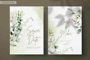 Free PSD beautiful watercolor wedding invitation with greenery leaves and white flower